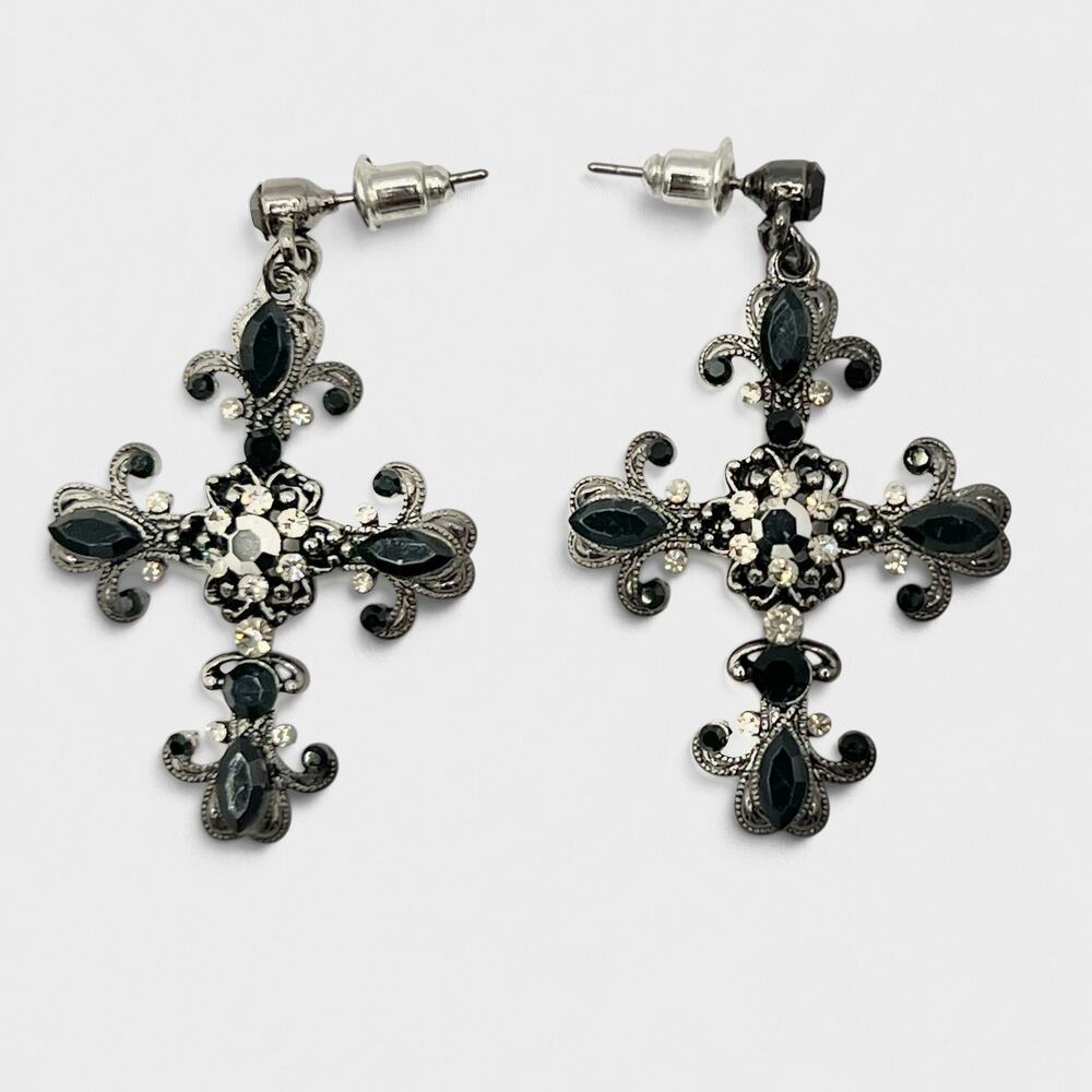 Gothic Cross Dangle Earrings Pierced Ornate Black Rhinestone Whimsigoth Romantic